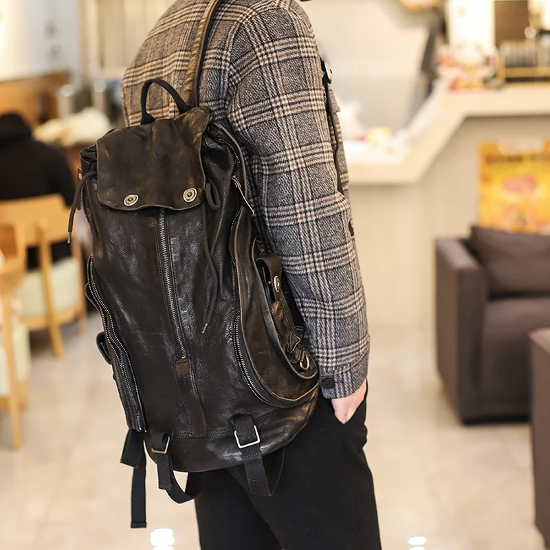 Women Men's Backpack Zipper Retro Old Leather Shoulder School Bag Fashion Dark Wind Soft Youth Black Travel Backpacks