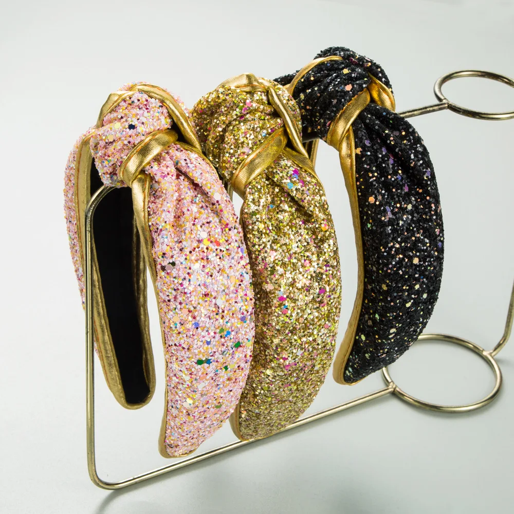 Diadema ancha con nudo y lentejuelas brillantes, de estilo europeo y americano, para mujer, con borde dorado, ideal para fiestas y disfraces.