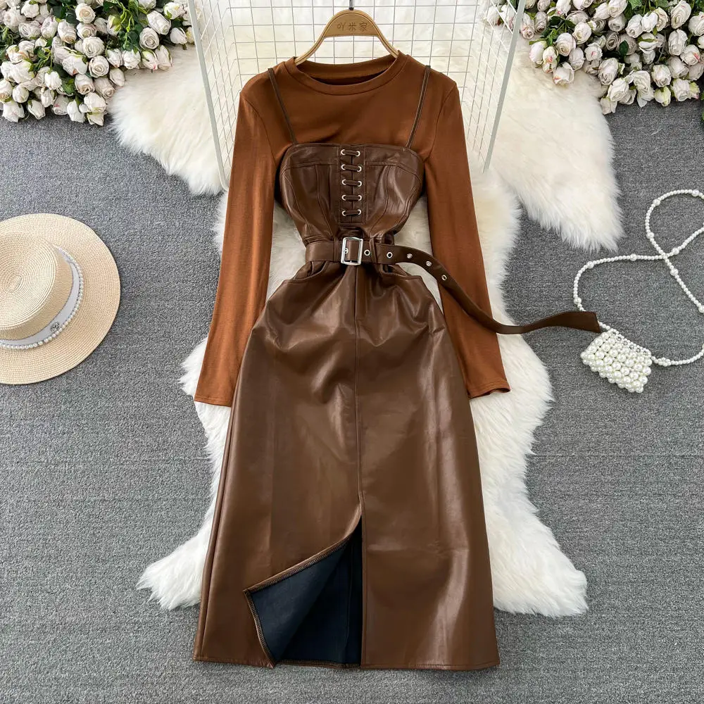 Women's PU Slip Dress Set 2024 Autumn Round Neck Base Shirt+Leather Split Camisole Dresses 2PS Spicy Girl Motorcycle Wear Trend