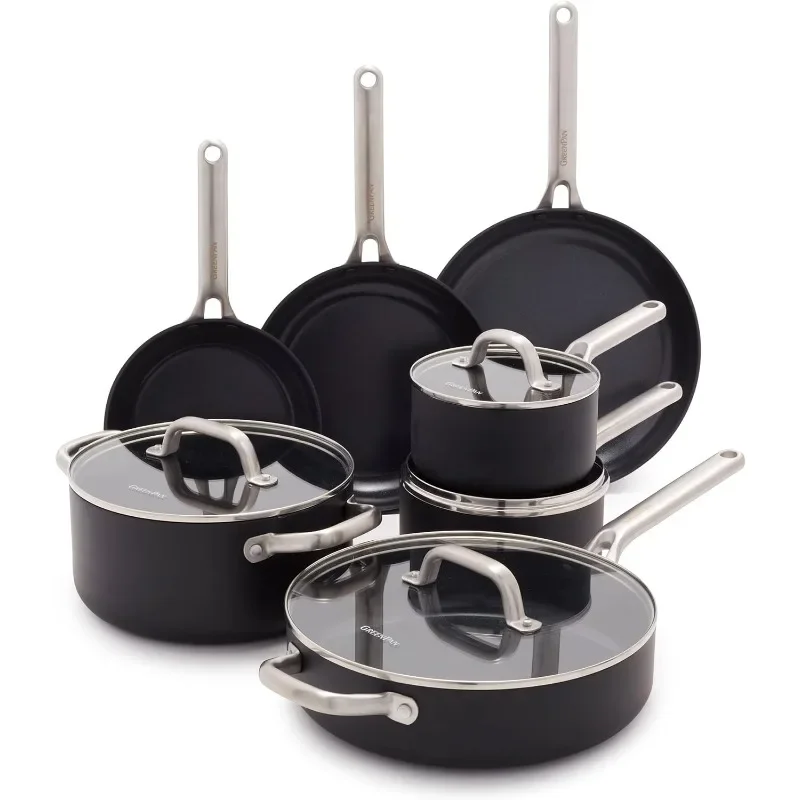 

Hard Anodized Advanced Healthy Ceramic Nonstick11 Piece Cookware Pots and Pans Set with Glass Lids, Anti-Warping Induction Base