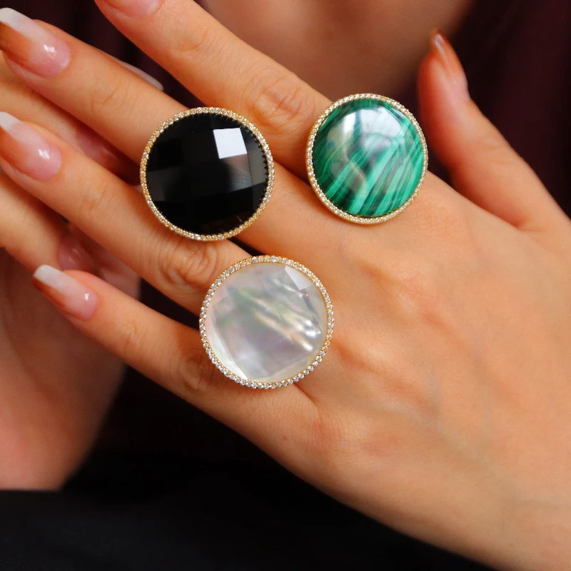 MIQIAO Stone Rings Women Malachite 925 Silver With Black Onyx Pearl Shell Adjustable Authentic 925 Sterling Silver Jewelry