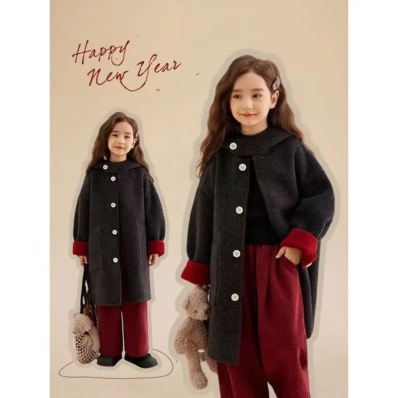 

Girls' Double-sided Wool Coat 2025 Autumn and Winter New Style Boys' Fashionable Single Breasted Hooded Windbreaker Jacket