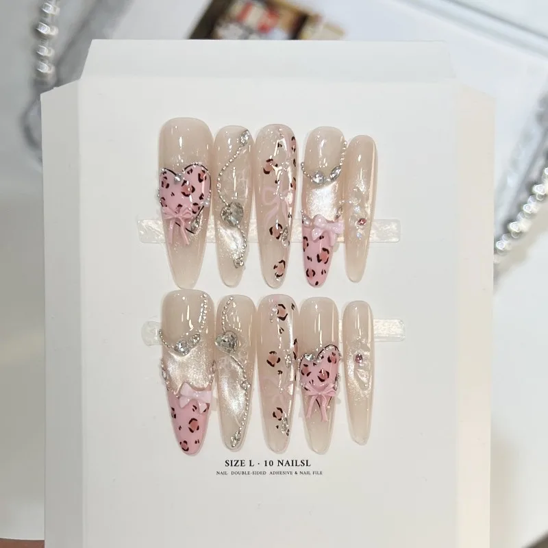 10PCS Nude Cat Eye Long Almond Press on Nails Handmade Pink Leopard Print French Sweet Fake Nails with Bowknot Rhinestone Nails