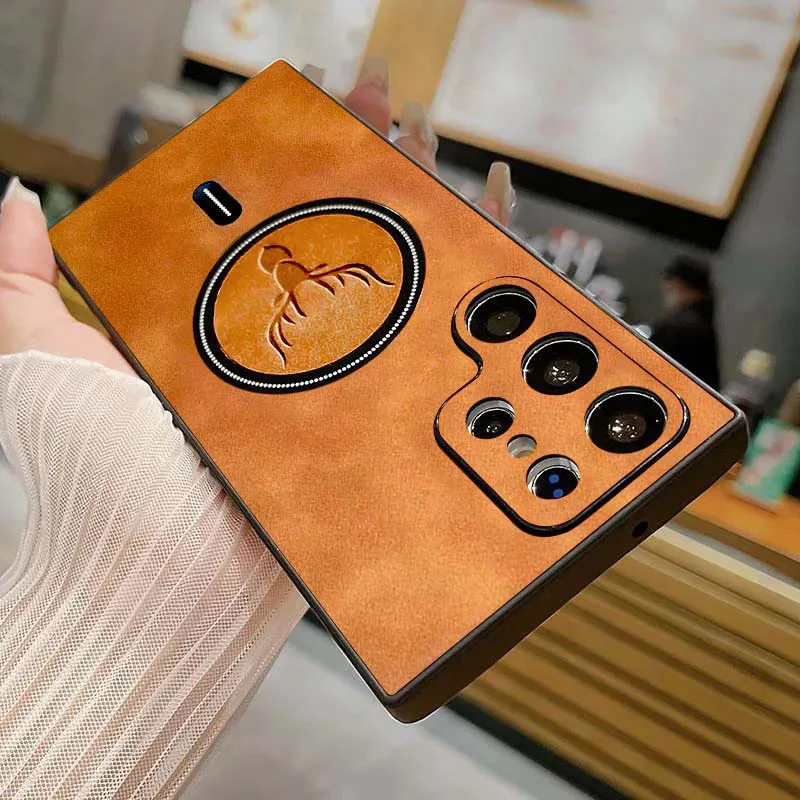 

Luxury Leather Deer Texture Case For Samsung S26 Ultra S24 Plus S23 FE S22 S21 S20 FE S25 Ultra For Magsafe Magnetic Phone Cover
