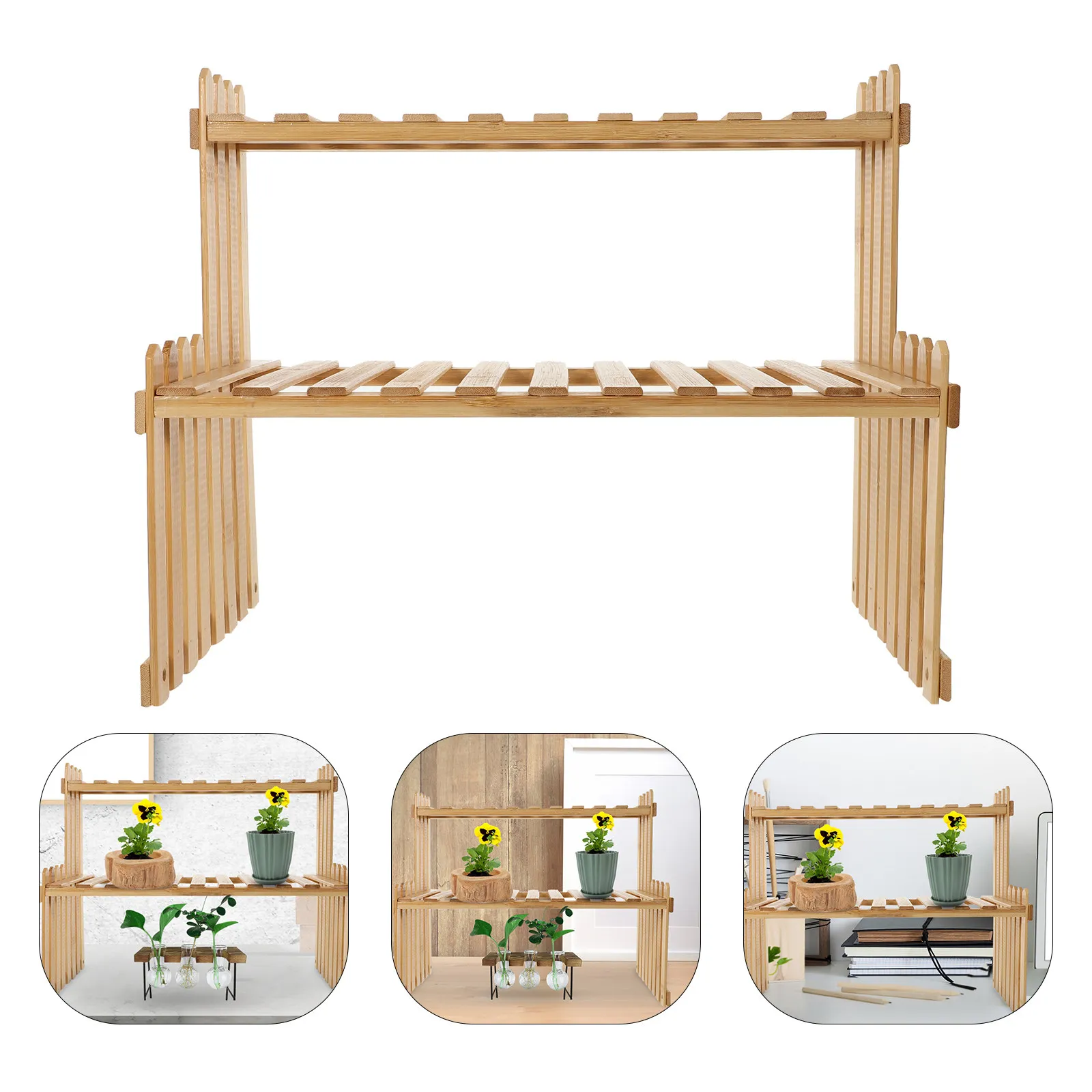 2-Tier Bamboo Plant Stand Heavy Duty Sturdy Indoor Outdoor Flower Pot Rack for Living Room Balcony Patio Deck Planter Shelf