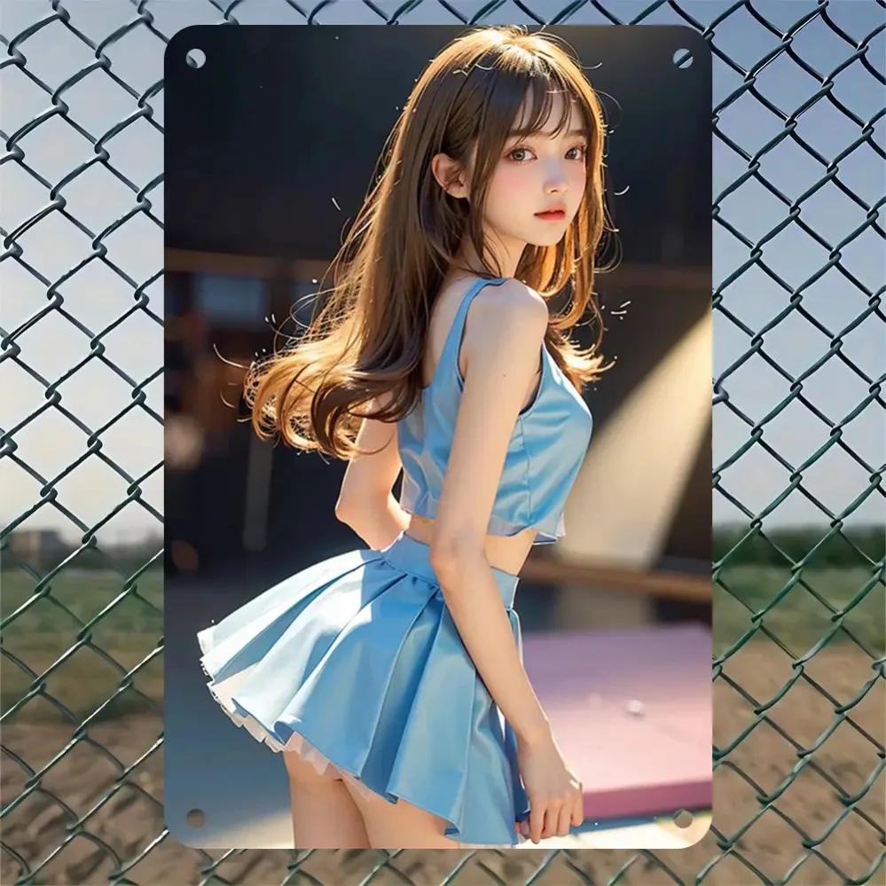 Linda chica asiática estilo anime con top corto azul y falda, letrero de metal, decoración de pared con retrato vintage para
