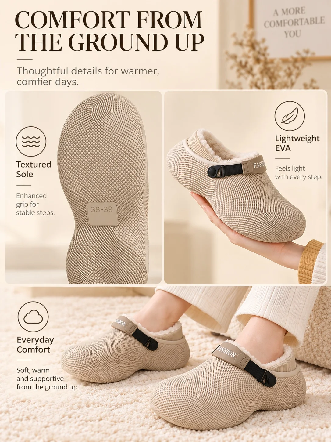 Winterfleece-gefütterte EVA-Clogs für Damen und Herren, 3 cm dicke Sohle, wasserabweisend, für drinnen und draußen, zum Hineinschlüpfen. – Detail 9