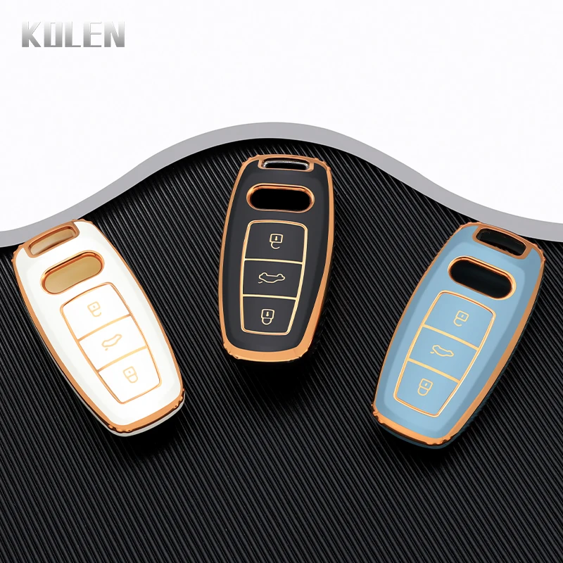 New TPU Car Remote Key Case Cover Shell For Audi A6 A7 A8 E-tron Q5 Q8 C8 D5 Golden Edge Keyless Holder Fob Keychain Accessories