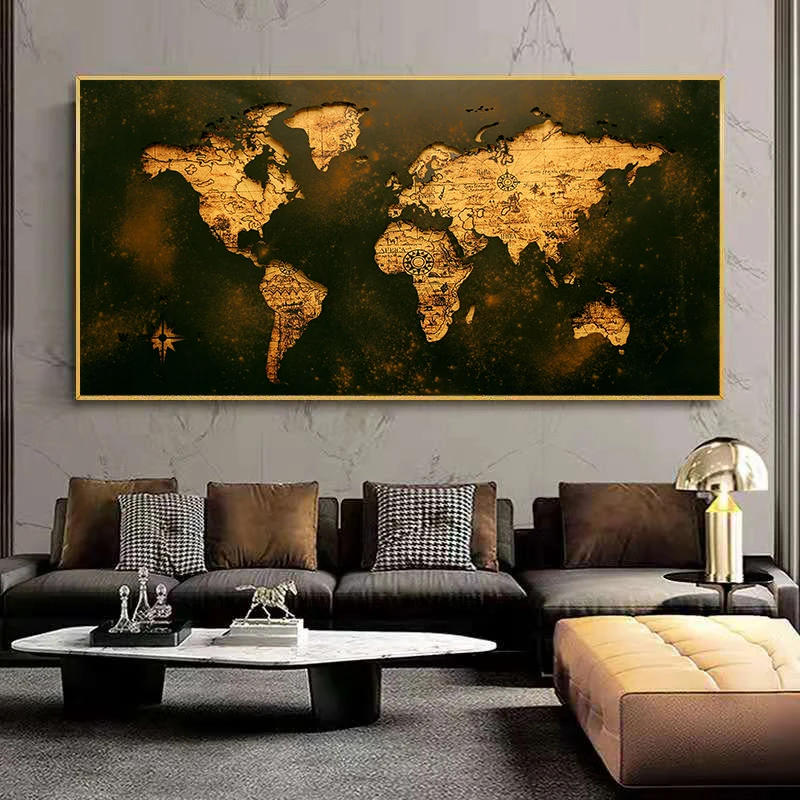 Black and Gold World Map Abstract Picture Canvas Painting Vintage Poster AND Prints Wall Art Pictures for Modern Home Decoration