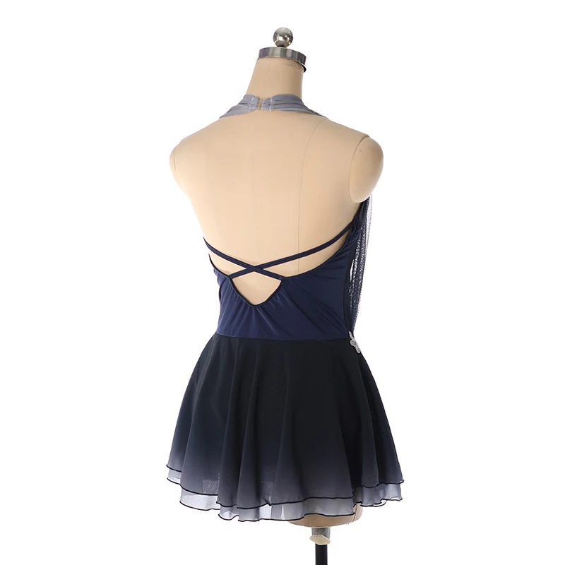 Nasinaya Figure skating outfit, ice skating outfit, performance outfit, sleeveless navy blue mesh, gradient silver flow view 5