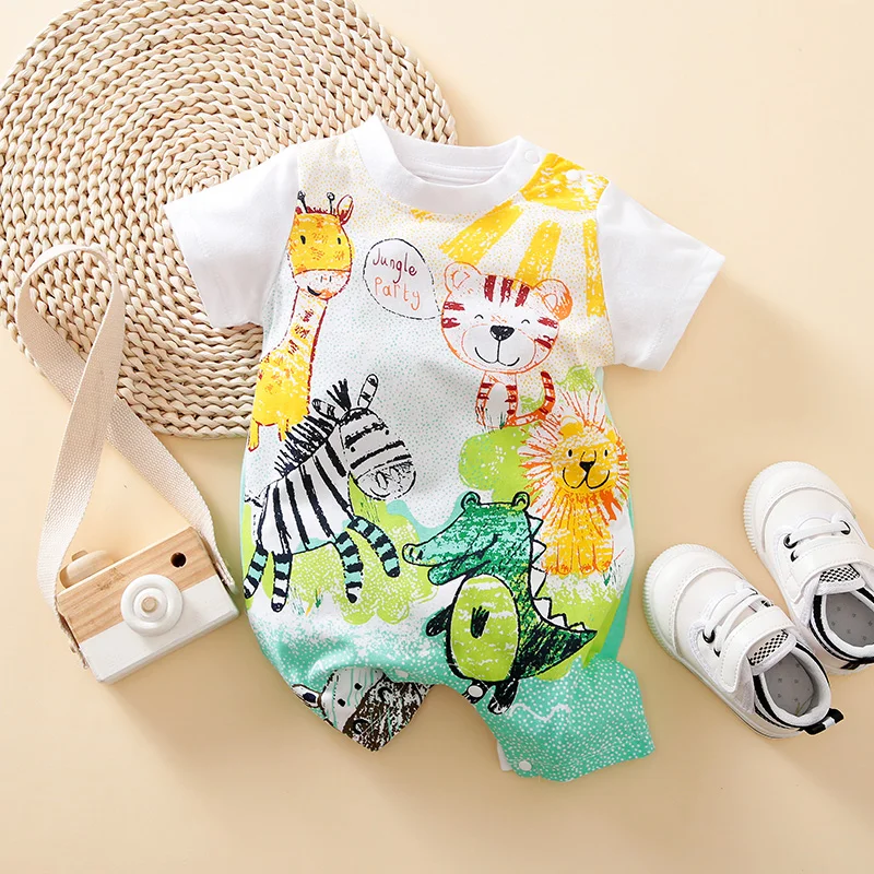 Summer Boys And Girls Cute Cartoon Animal Pattern Cotton Comfortable Short Sleeve Baby Clothing Bodysuit