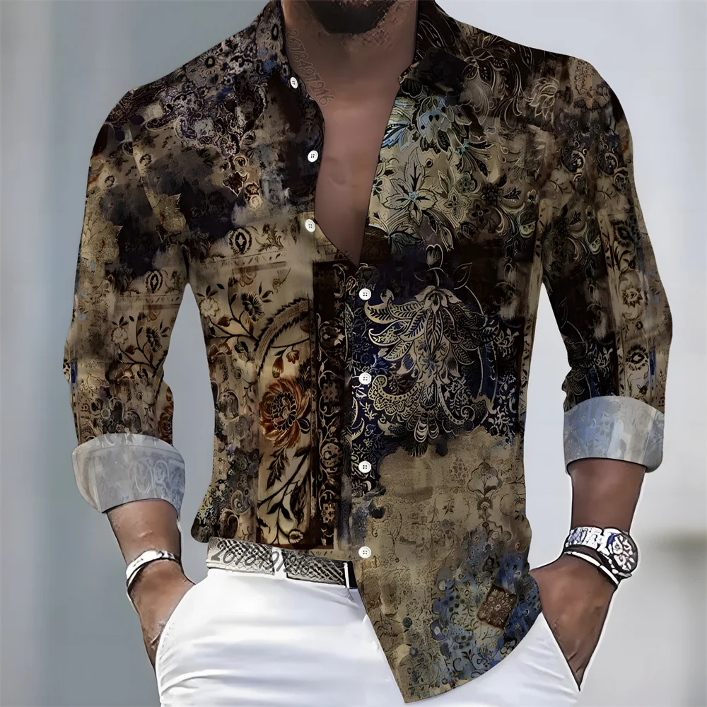 Men's light luxury style printed long-sleeved shirt, retro paisley design casual shirt, plus size loose fit versatile menswear view 3