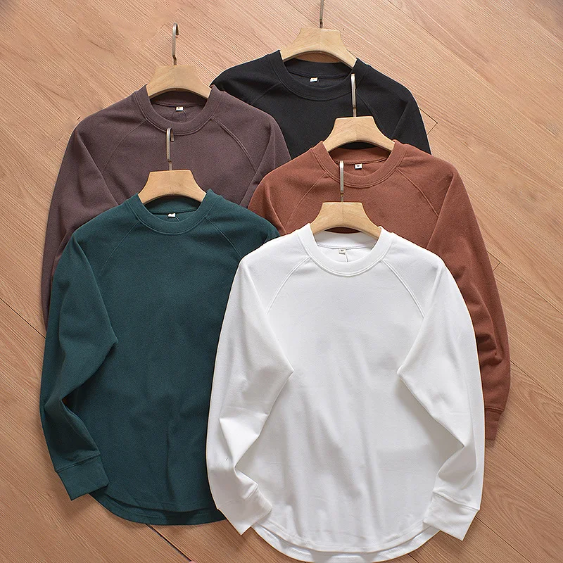 Double-faced Pile T Shirt Men Round Collar Long Sleeve Tee Male Clothes Autumn Winter Solid Color Basic Tops With Circular Hem