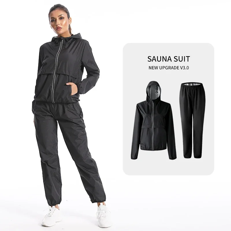 Sauna Suit Women Black Gym Clothing for Sweating Weight Loss Female Zipper Jacket Slimming Full Body Tracksuit Fitness Pants