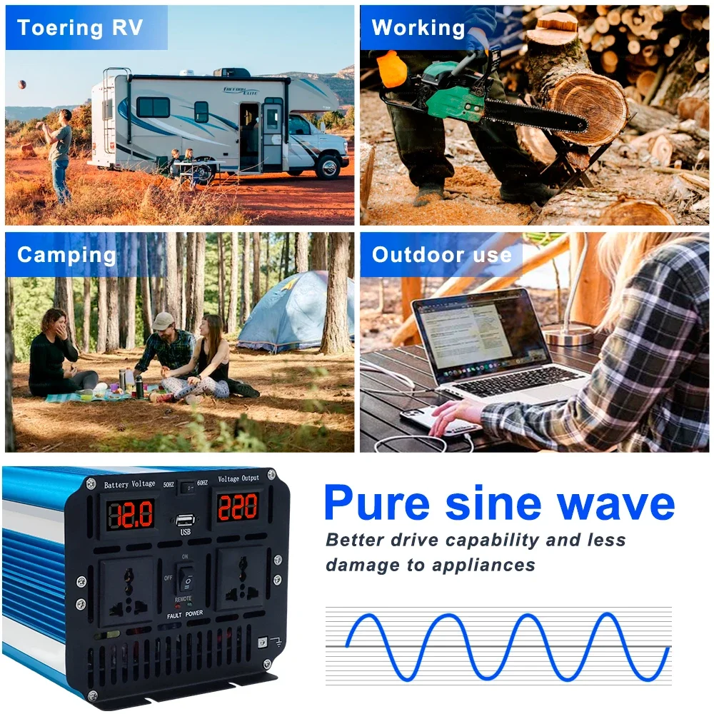 Pure Sine Wave Power Inverter 8000W DC 12V/24V to AC 110V/127V/220V Portable Voltage Converter Solar Car Inverter Remote Control