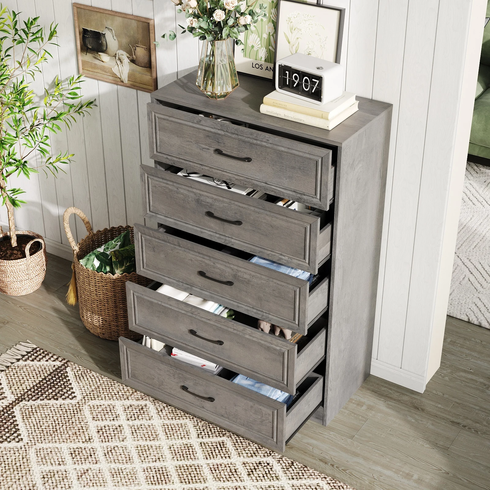 خزانة ذات أدراج خشبية لغرفة النوم مع مقابض معدنية بطول 47 بوصة ومنظم تخزين خزانة ذات 5 أدراج للممر