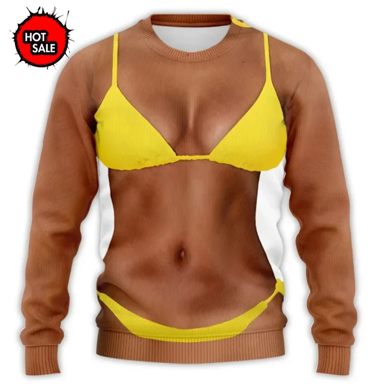 Funny Bikini Muscle Chest Ugly Christmas Sweater Men Long Sleeve Crew Neck Ugly Sweater Cosplay Xmas Pullover Sweatshirts Tops