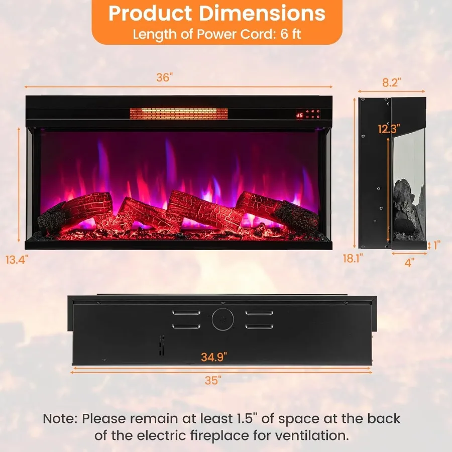 36-inch 3-Sided Electric Fireplace Insert with 1500W Infrared Heating 8 Flame Colors 9-Hour Timer Remote Control Overheat Prote