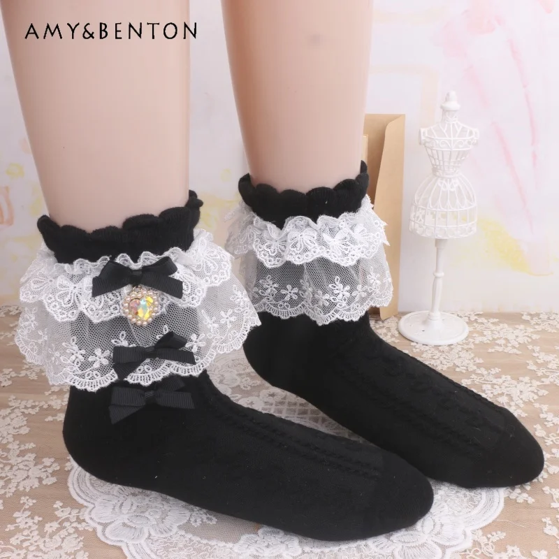 

Japanese Lolita Double Layer Lace Bow Heart Pendant Heavy Craft Elegant Sweet Versatile Short Socks Soft Knitted Cute Socks