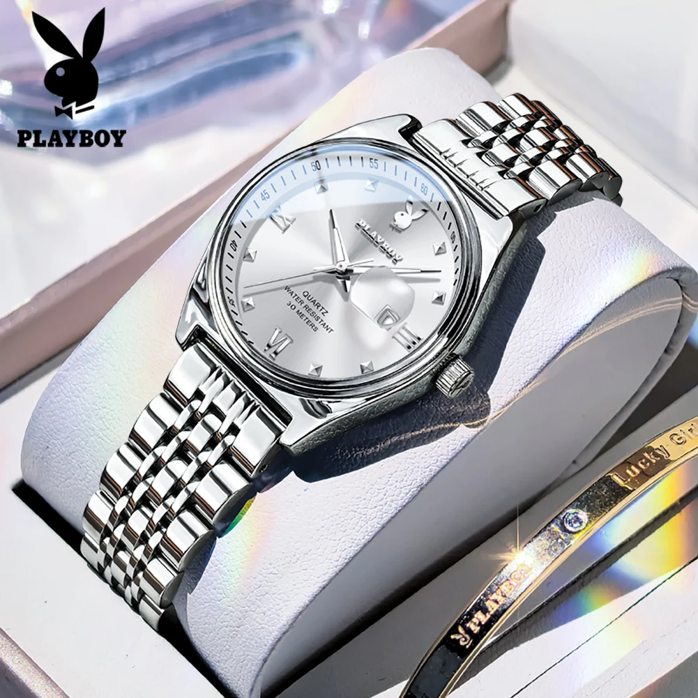 PLAYBOY 3556 Original Quartz Wrist Watch for Women Solid Steel Strap Waterproof Auto Date Luminous Luxury Brand Women's Watches