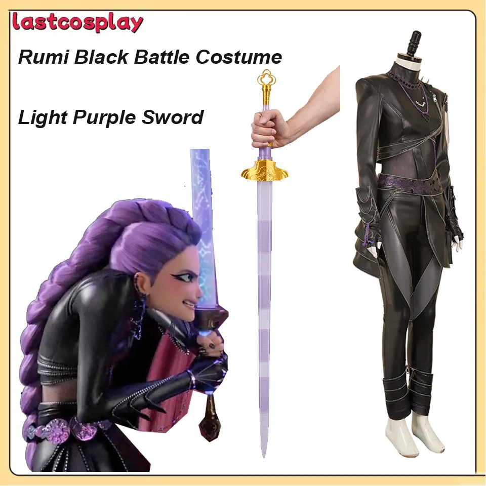 

Rumi Cosplay Black Leather Battle Costume Demon Hunters KPop Women Jacket Pants Earrings Necklace Sword Halloween Disguise Suit