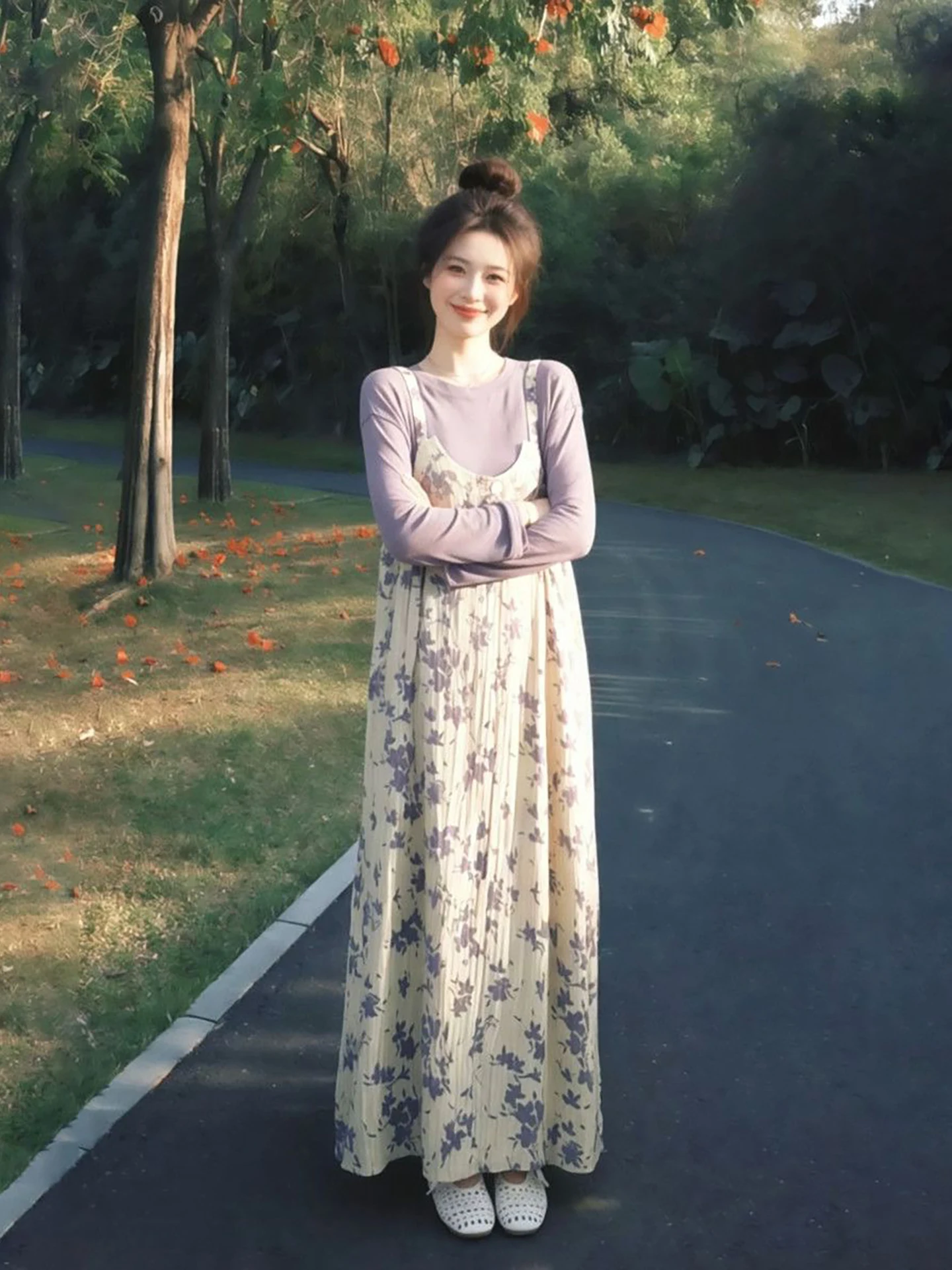 

Elegant Sweet Floral Print Strapless Long Sleeve Dress Set with Inner Purple Thin Shirt Women's Fashion Summer Outfit