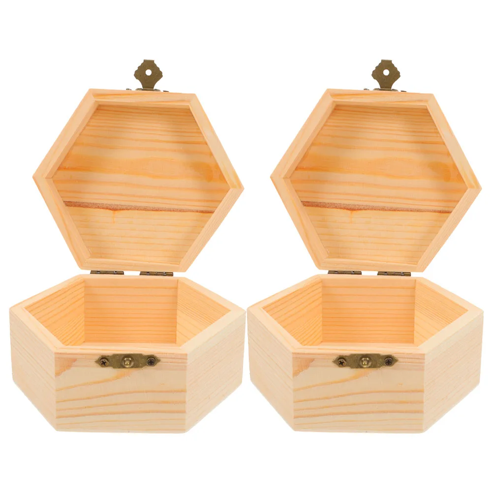 

2Pcs Wooden Jewelry Box Unfinished Small Hexagonal Rustic Storage Box DIY Craft Organizer for Home Store Travel Vintage Trinket
