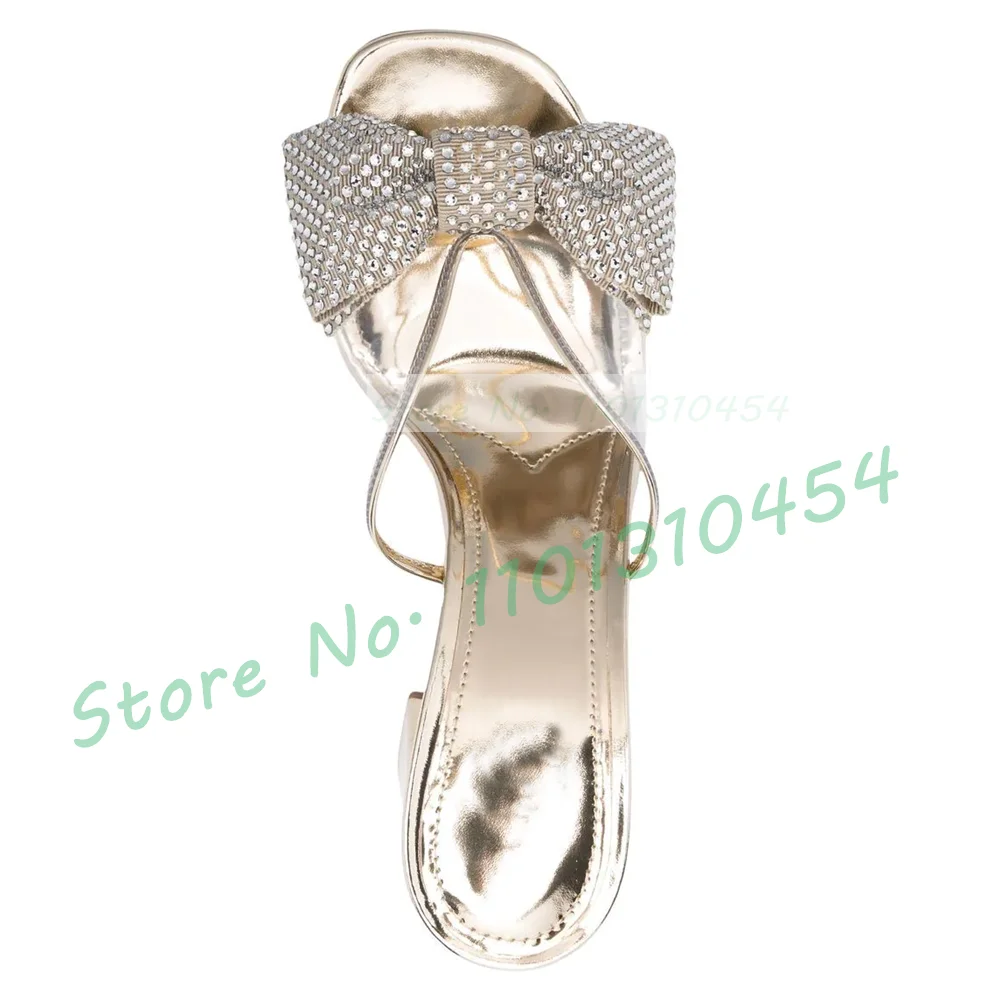 Gold Crystal Bow Pvc Slippers Women Peep Toe Sweet Clear Sparkling Med Heels Shoes Summer New In Female Casual Patent Slippers