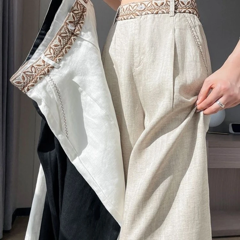 

2025 Spring Summer Women High Waisted Embroidery Beige Black Wide Leg Linen Trousers , Vintage Pants for Woman Clothes