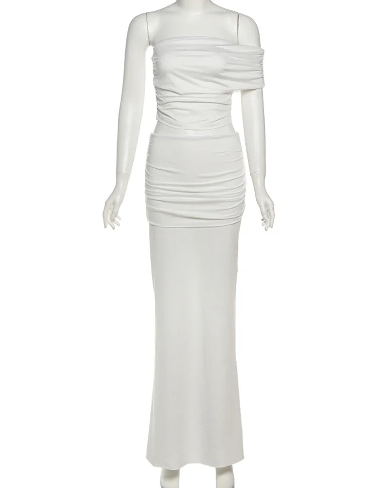 

Sisterlinda Elegant High Street 2 Piece Set Fashion Solid Incline Shoulder Top+Shirring Maxi Skirts Female Sheath Banquet Suits