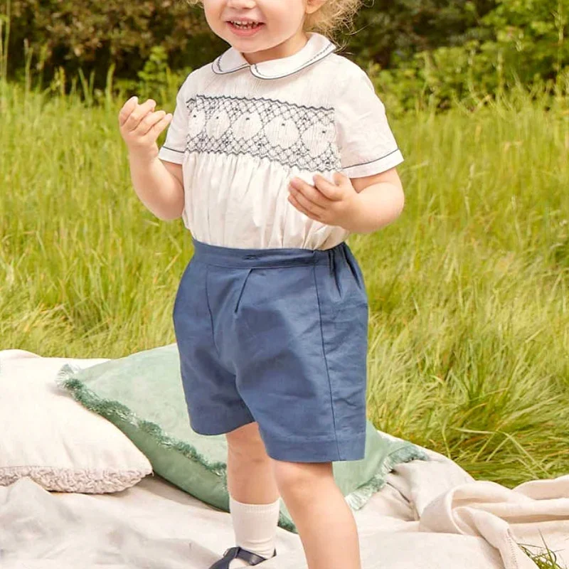 

Baby Boy Smocked Embroidery Summer Casual Two Piece Set Peter Pan Collar Short Sleeves Kids Smocking Clothing for Toddler Boys