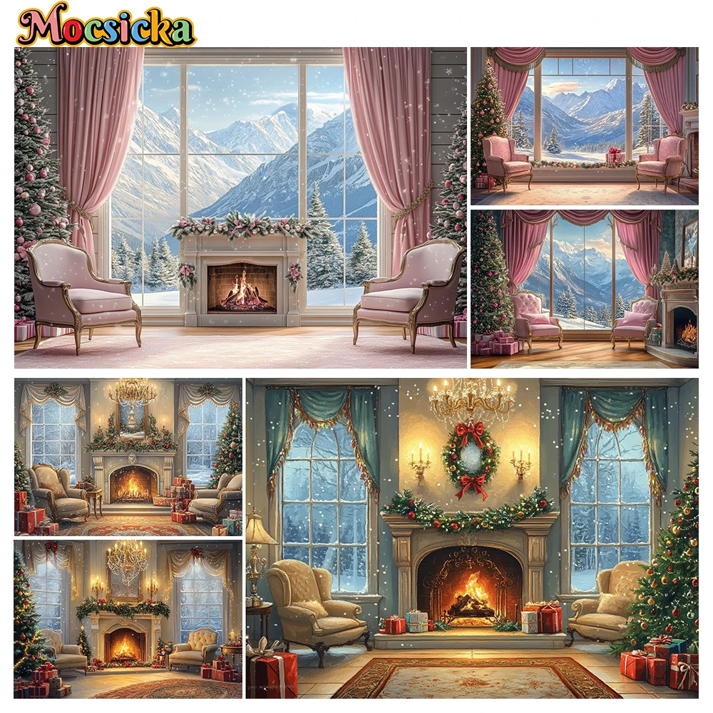 

Mocsicka Christmas Winter Photography Background Fireplace Pink Curtains Holiday Party Kids Photo Background Studio Props