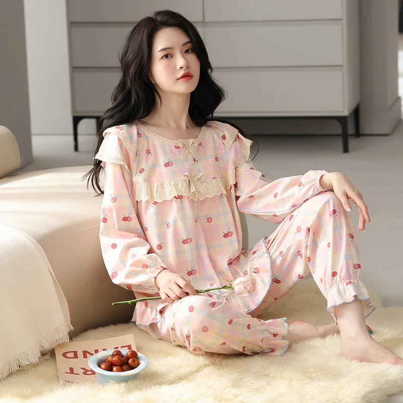 Floral Pajamas For Young Girls Spring Modal Sleepwear Princess Lace O-Neck Long Sleeve Pyjamas Female Autumn Home Suit XXXXL