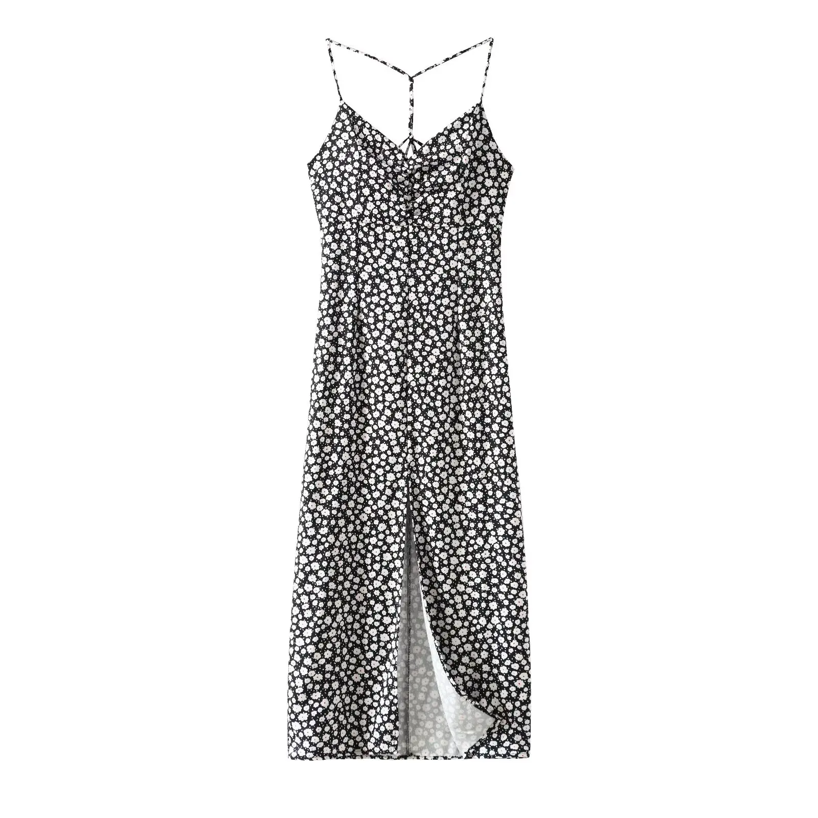 Spring and Summer 2024 New Women's Fashion and Casual Waist Closing Open Back Mid Length Split Strap Fragmented Flower Dress