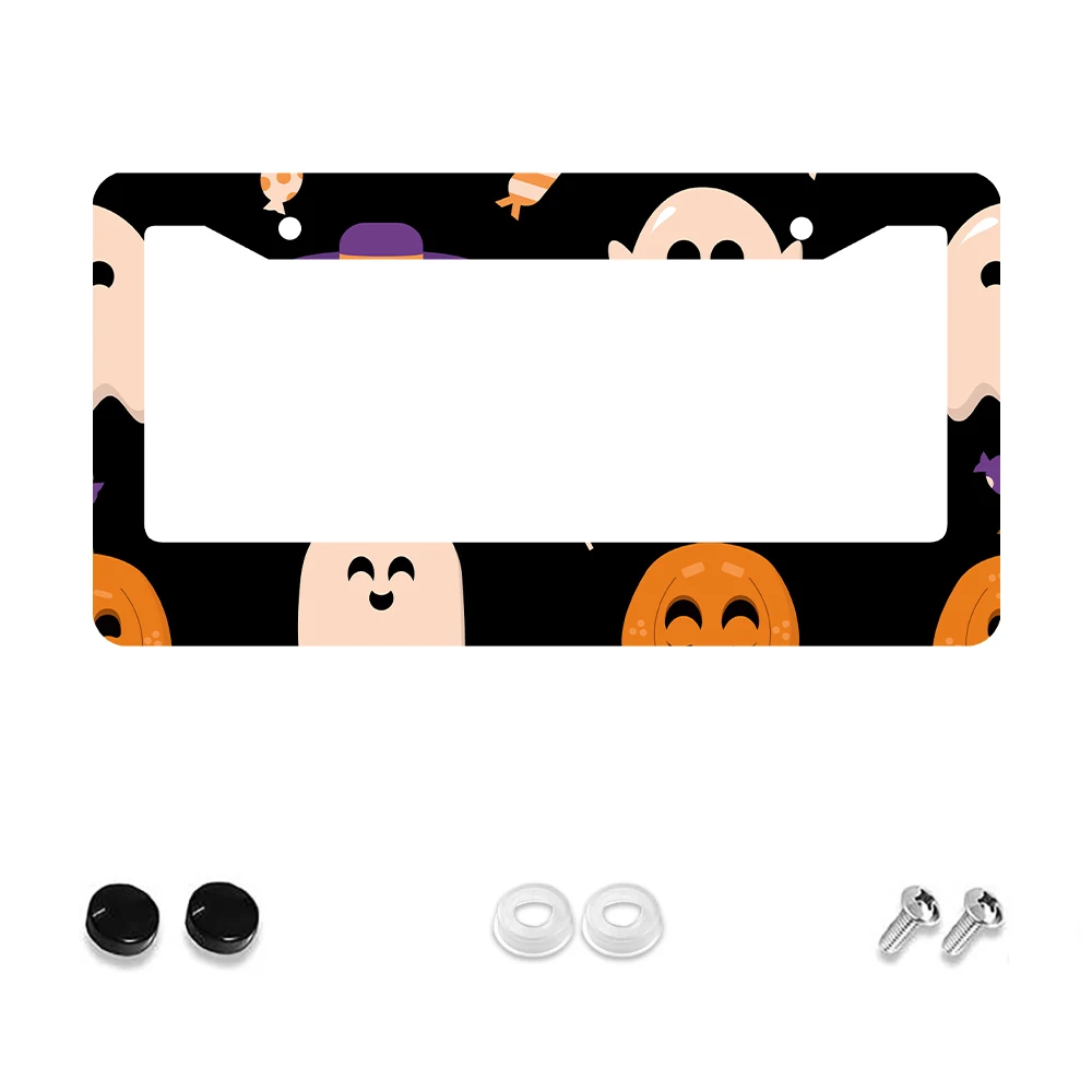 

1 шт. черный цвет Хэллоуин тыква призрак узор 2 отверстия рамка номерного знака, алюминиевый материал, 6x12 дюймов, с набором винтов, весело