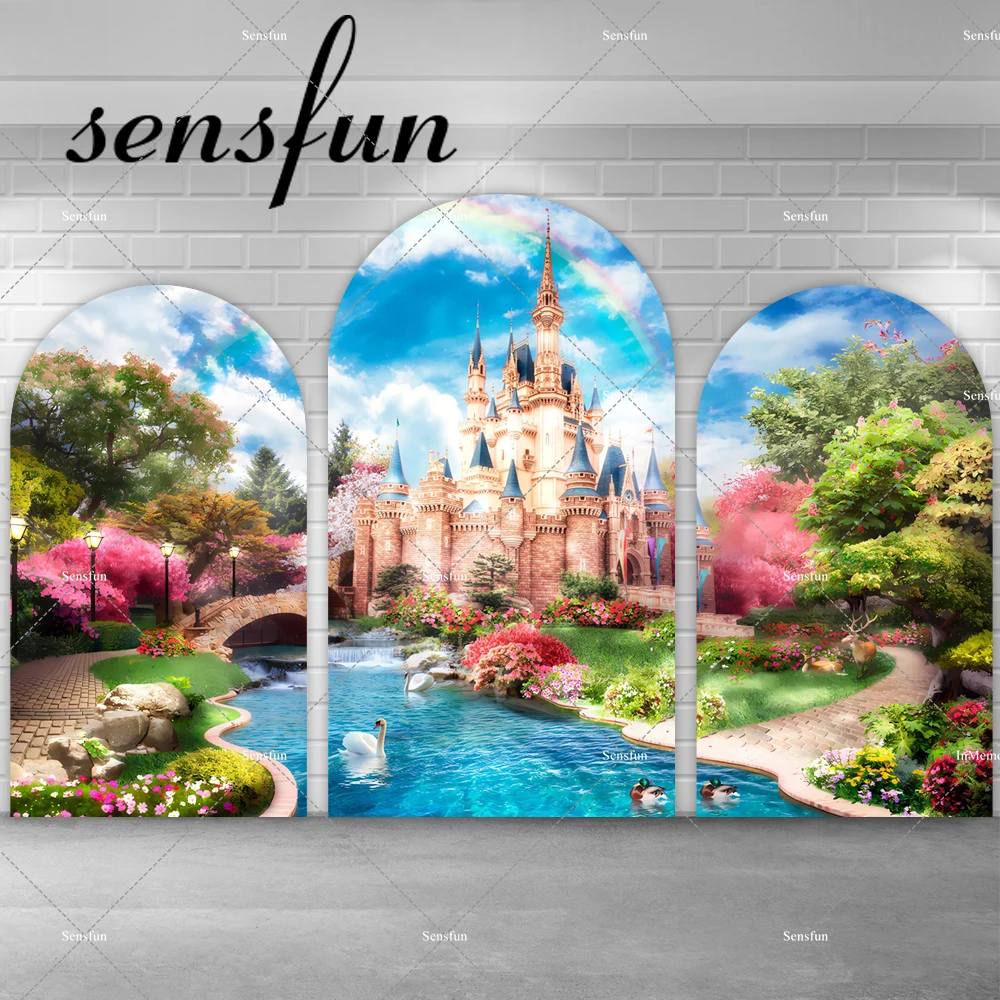 

Disney Fairy Rainbow Castle Garden Arch Backdrop for Princess Girls Baby Shower Birthday Party Backgrounds Photo Studio Kits