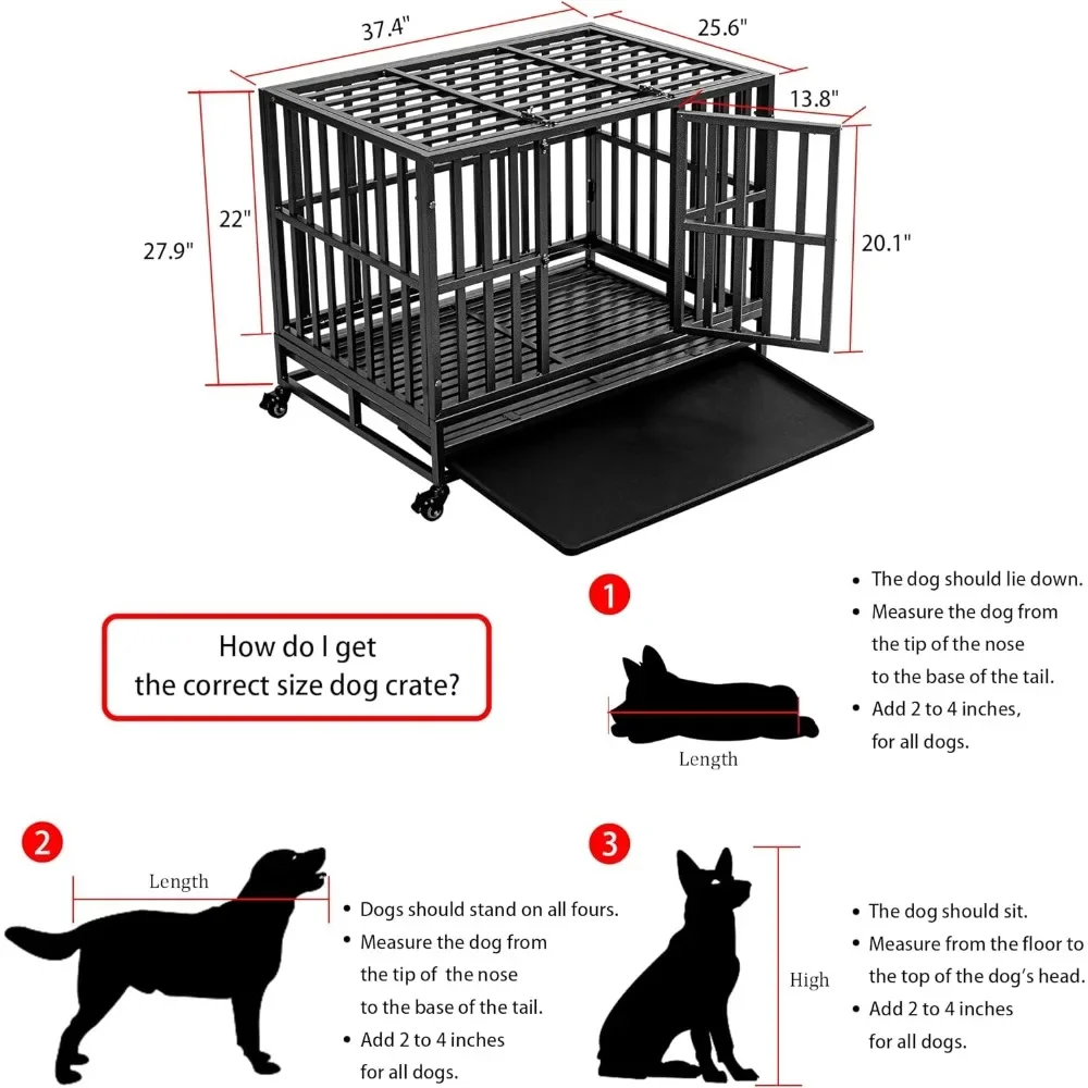 Sangkar anjing logam berat dan tahan banting untuk anjing besar, kandang anjing antikeluar dengan roda, nampan dapat dilepas