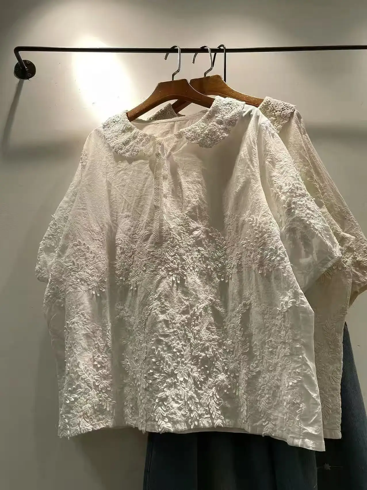 Mori kei fashion peter pan collar embroidery white beige shirts and blouses for women bow cotton short sleeve tops lolita clothe