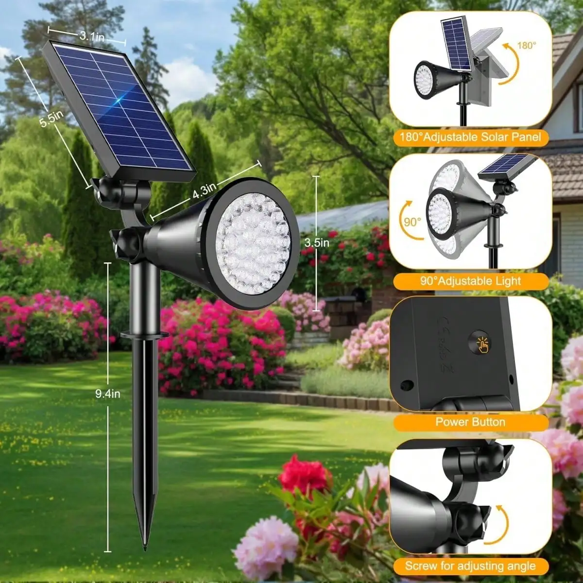 Solar Landscape Spotlight: 36 LED 180°/90° Rotatable, 50% Higher Efficiency, Waterproof White Light