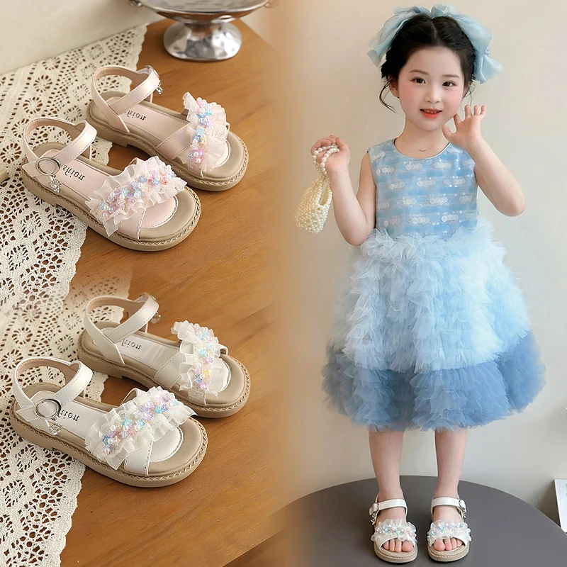 

2026 Summer New Kids Beach Shoes Open Toess Lace Bows Beadings Girls Sandals Sweet Lace Children Princess Shoes Comfortable