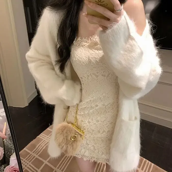 

Spring Autumn Knitted Suits Korean Fashion Lace Strap Mini Dress + Casual Cardigan Coats Elegant 2 Piece Dress Set Women Party