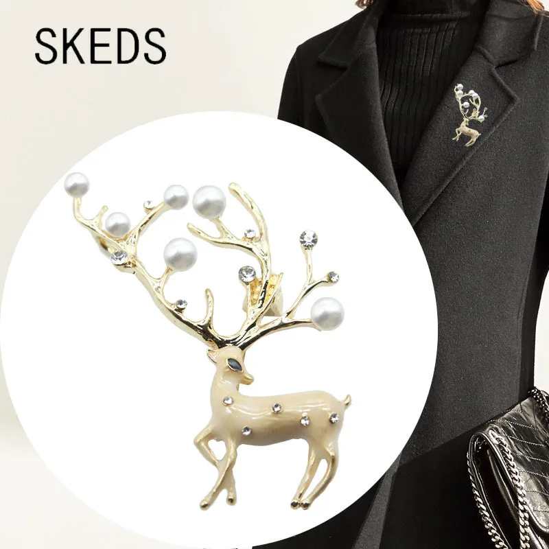 

SKEDS Fashion Women Lady Pearl Deer Enamel Brooches Pins Clothing Coat Animal Brooch Pin Buckle Wedding Party Accessories Gift