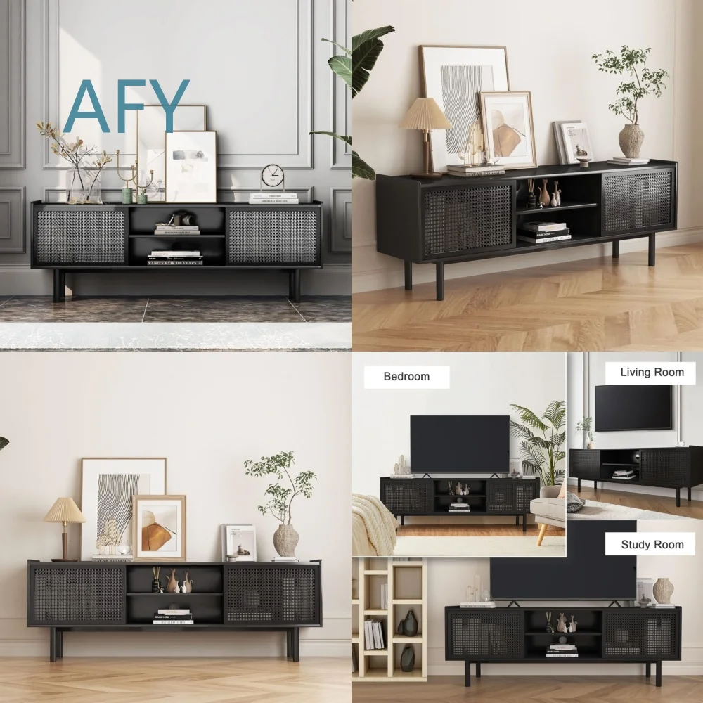 Modern Simple Iron Rattan Cabinet for TV Storage with Sliding Door Adjustable Laminate Shelves Home Office Living Room