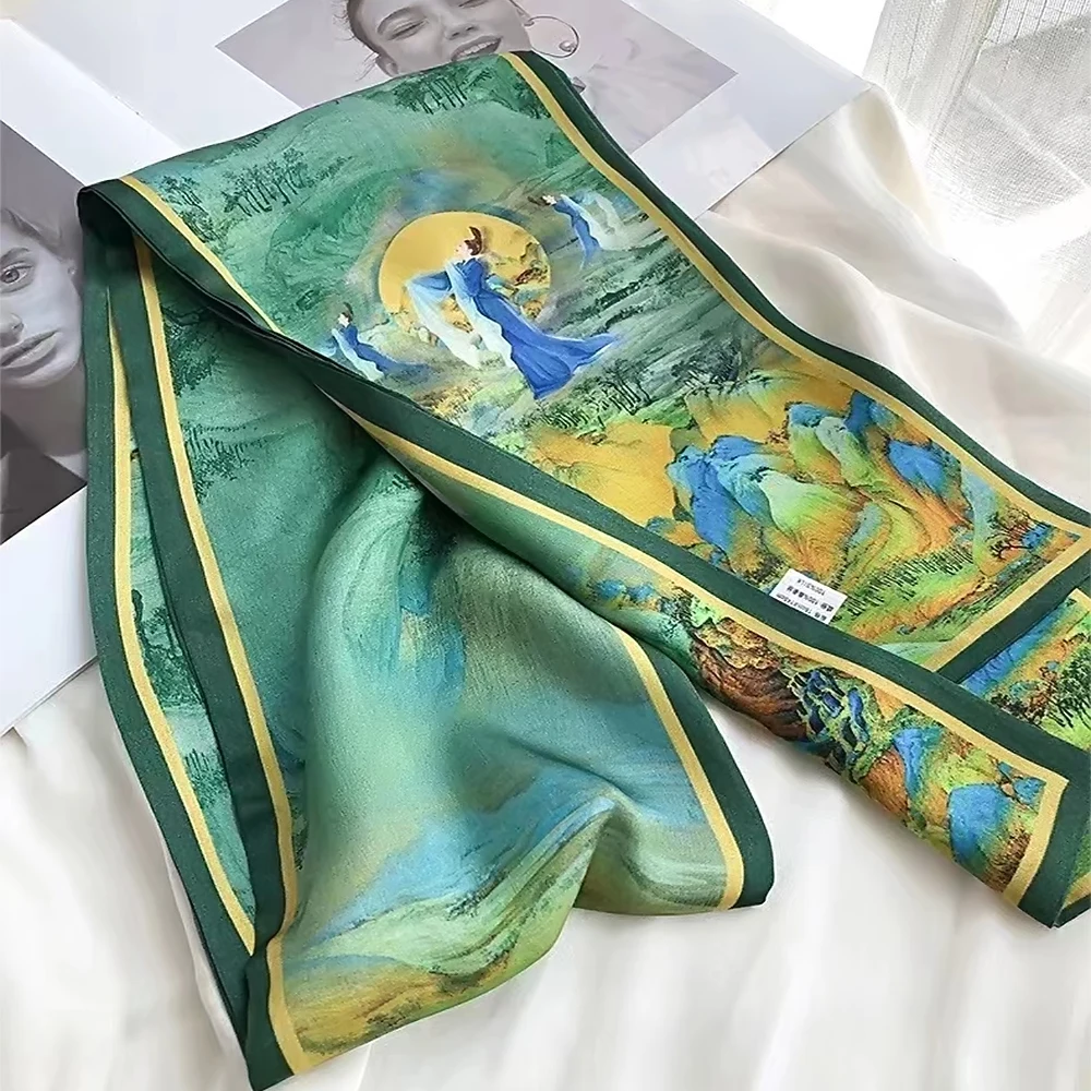 New Green Long 100% Silk Scarf Hairband Spring Fall Fashion Chinese Style Pattern Pure Silk Ribbons Scarves Floulard Printed