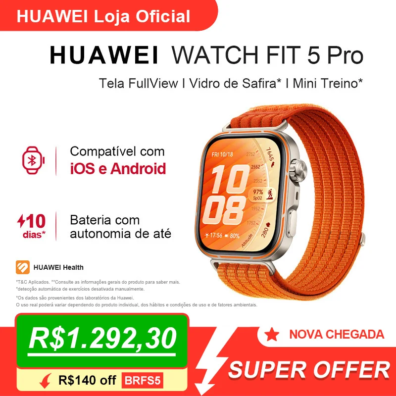 HUAWEI WATCH FIT 5 Pro| Smartwatch Relogio | Tela FullView AMOLED de 1,92"| Mini Treino | 64 GB ECG