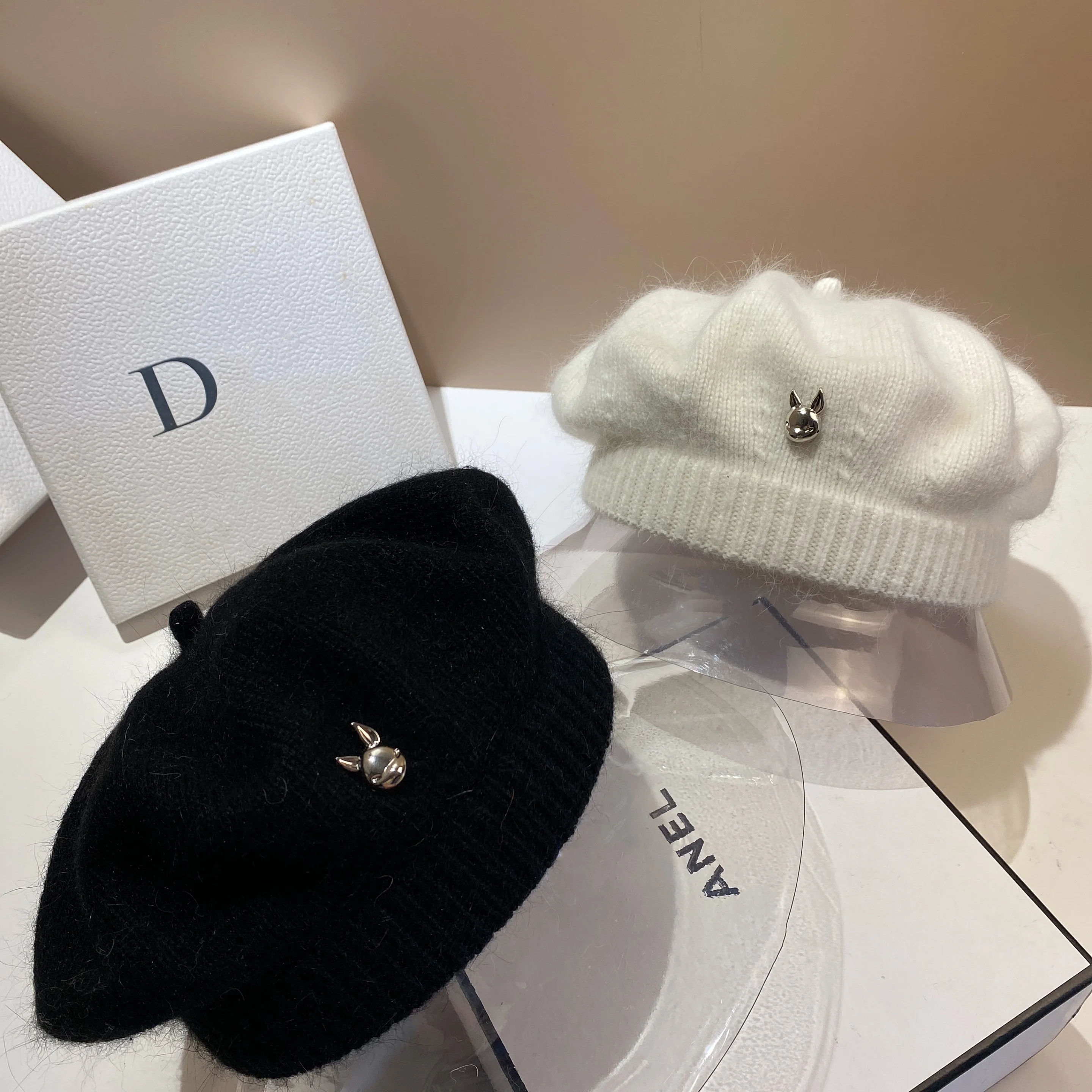 

New cute rabbit age knitted beret women autumn and winter soft adorable rabbit hair octagonal hat matching painter's hat