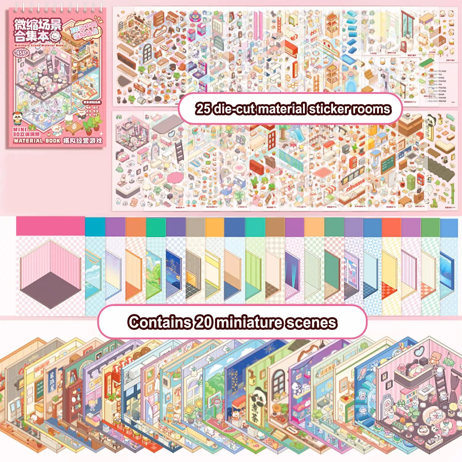 20Pcs 20 In 1 Cartoon Miniature House Scene Landscape Sticker Book DIY 3D Pocket Cabin Scene Stickers Handheld Booklets Making