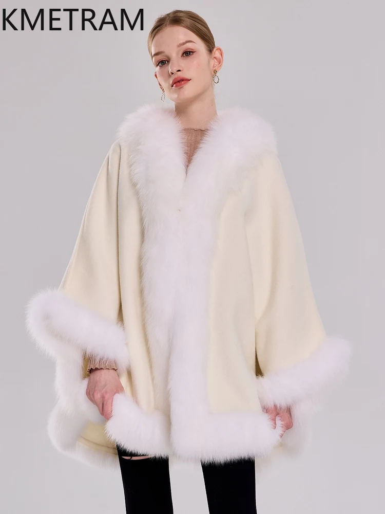 90% Wool + 10% Cashmere Cloak with Fox Fur Collar Winter Real Fur Coat Woman Party Shawl Coats Women Clothing 2025 шуба женская