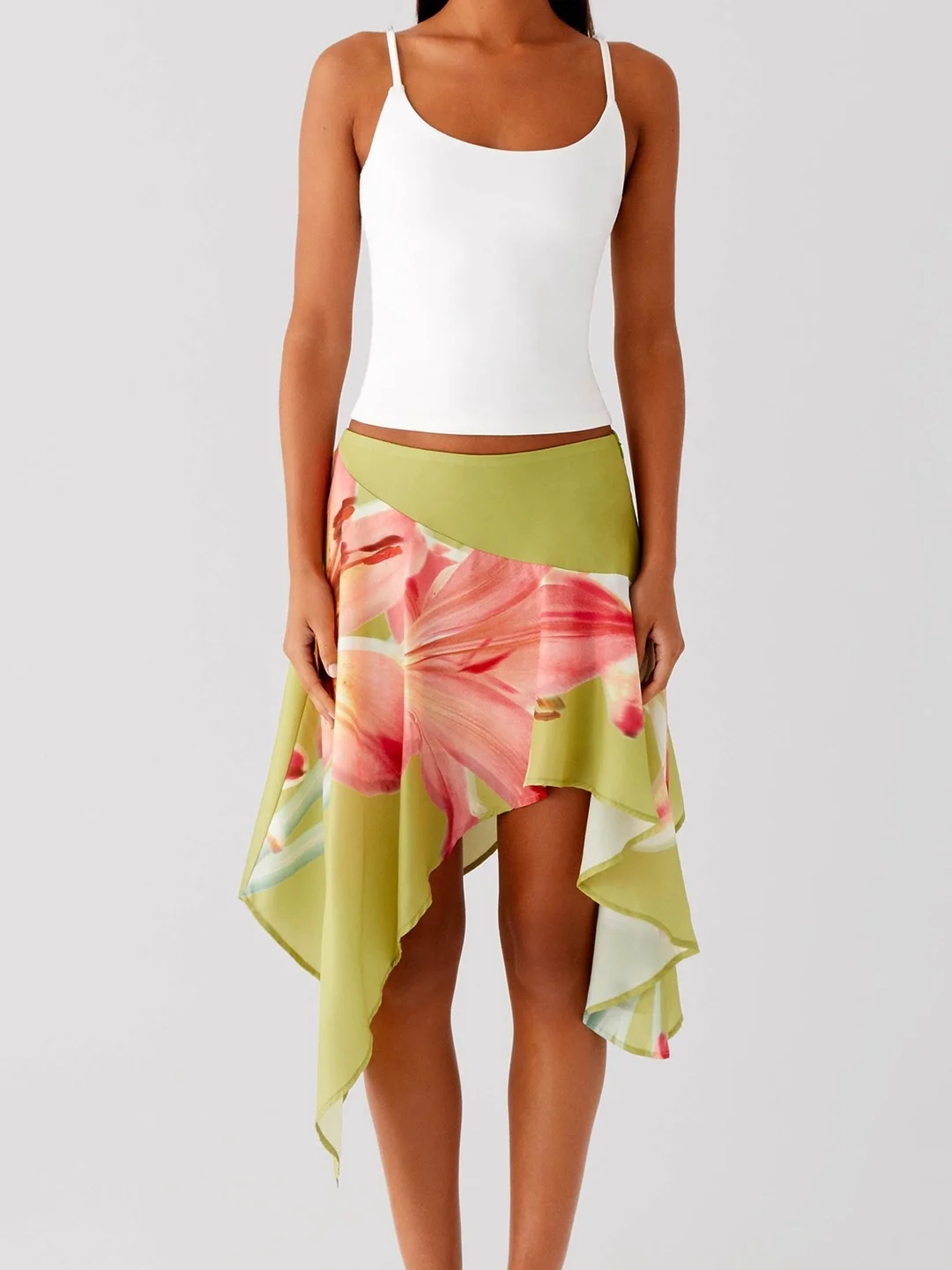 Summer  Vacation Style High Waist Asymmetrical Hemline Women's Skirt Elegant Simple Design Polyester Fiber Straight Cut