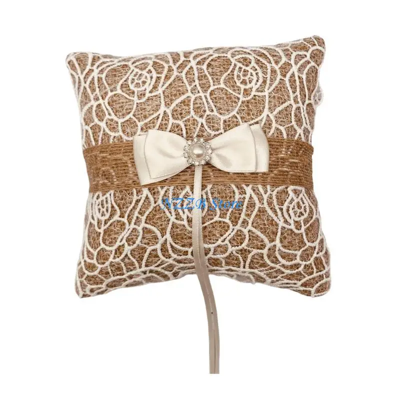 

T21F Vintage Lace and Burlap Rings Pillow Rings Bearer Holder Cushion for Wedding Celebrations and Memorable Keepsakes Gifting